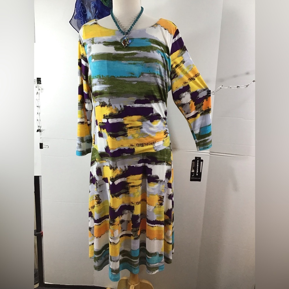 Lennie Nina Leonard Abstract Brushstroke Midi Dress Yellow, Green & Teal XL NWT